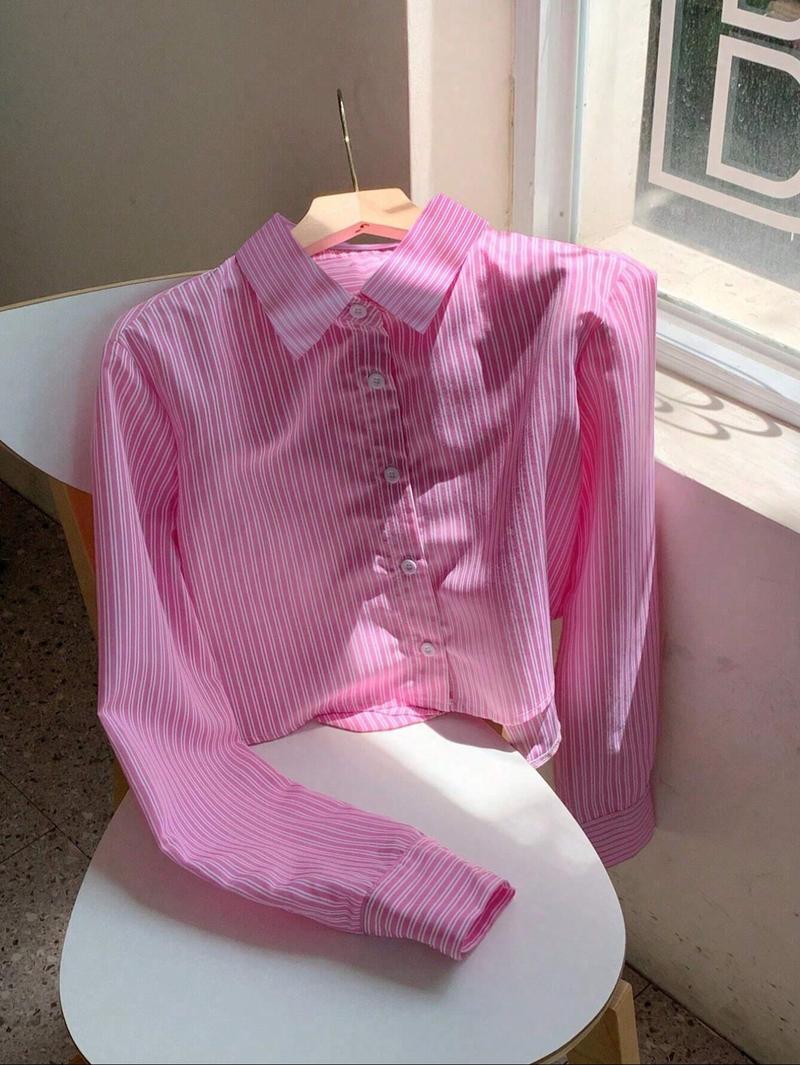 Women's Striped Print Shirt, Casual Comfy Shirt, Casual Long Sleeve Collared Top for Daily Wear, Ladies Clothes for All Seasons