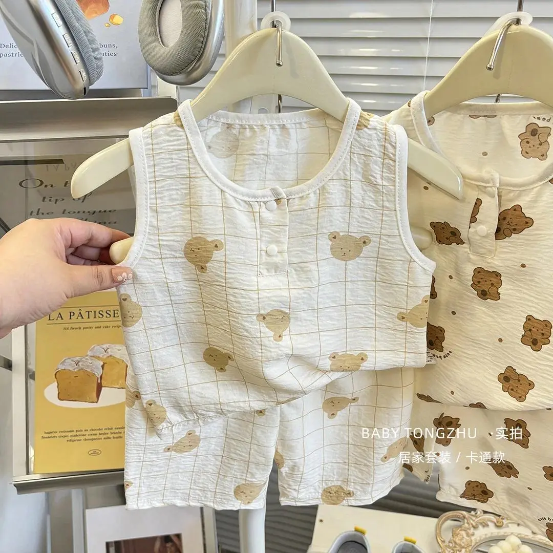 2pc Children's Vest Set Summer Baby Boys and Girls Shorts Vest Two-Piece Set Baby Home Wear Older Kids Sleeveless Shorts Sets