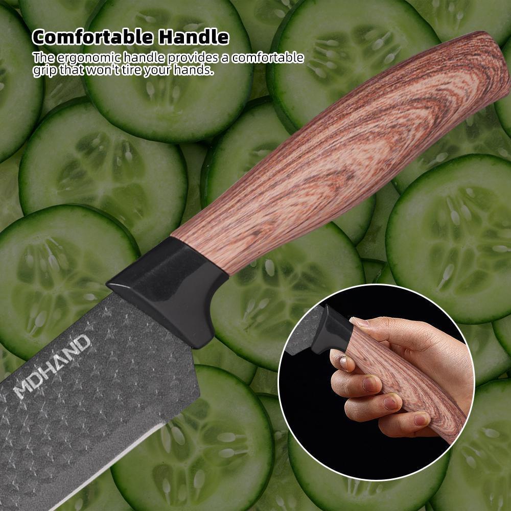 Professional 7pcs Kitchen Knife Set - Chef's Knife, Slicing Knife, Scraper, Scissors and Cutting board - High Carbon Stainless Steel with Ultra-Sharp Blades, Non-Stick Ergonomic Wooden Handles - Ideal for Home, Travel, and Gift Box Set#Summervibes