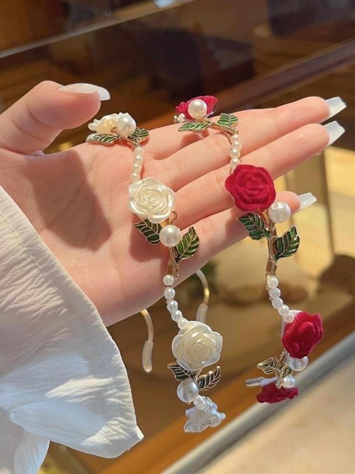 2 Pcs Vintage Rose & Pearl Hairbands, High-Quality Alloy Material, Unique Crown Design, Elegant Floral Pattern, All Seasons Headwear