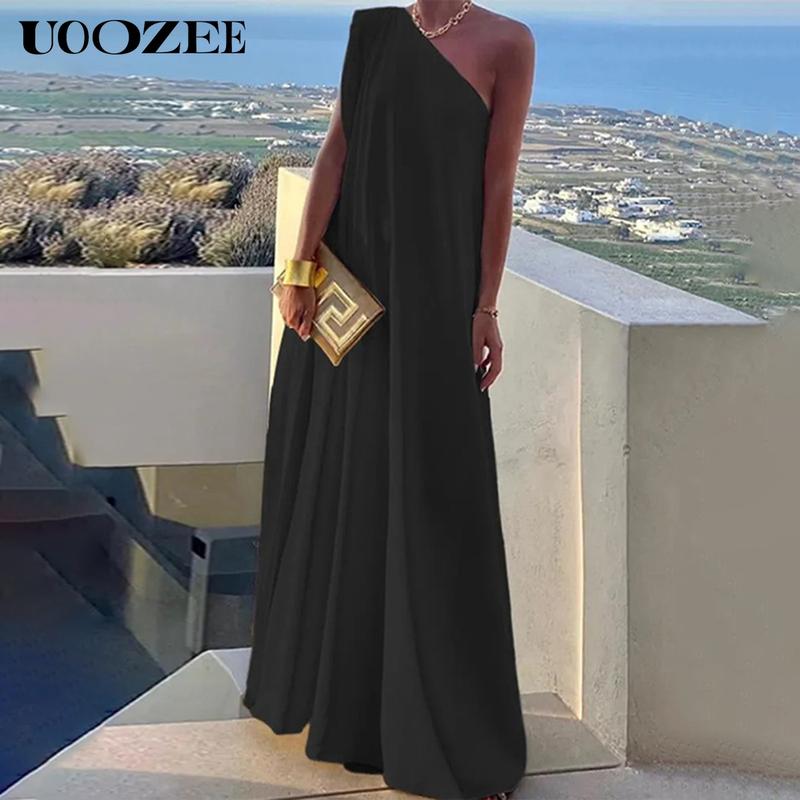 UOOZEE Women's Casual Loose Asymmetric Solid Color Split-Joint One-Shoulder Maxi Dresses, Party, Holiday Elegant Style, Chiffon Fabric, birthday outfit One Size Up Recommended for C - Cup and Above