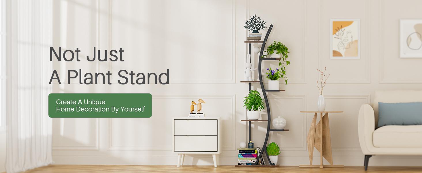 7-Tiered Decorative Plant Stand with Adjustable Grow Lights and Paint Finish - 62" Tall Metal Flower Display Shelf, Curved Design Pot Organizer Set for Living Room, Patio, Balcony Decoration, Standing Rack with Wall Strap for Indoor & Outdoors