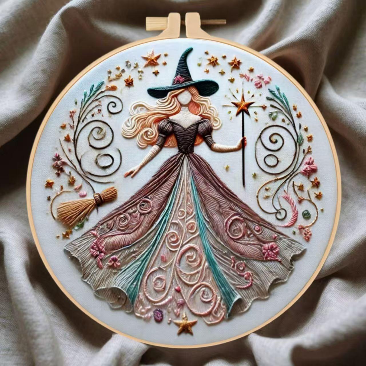 Beginner Embroidery Kit for DIY Lovers, Unique Embroidery Elegant Cross Stitch Set with Witch Design, Includes Cotton Fabric, Threads and Needles, 20cm Bamboo Style Frame, Handicraft