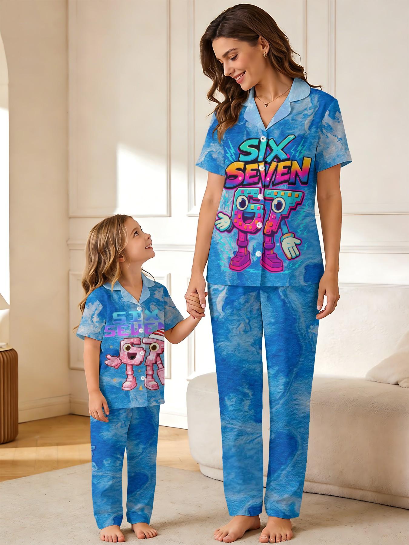 Vibrant Pixel 3D Printed Parent-Child Pajamas, Cloud Pattern Blue Base, Trendy Cool Style, Mother-Daughter Matching