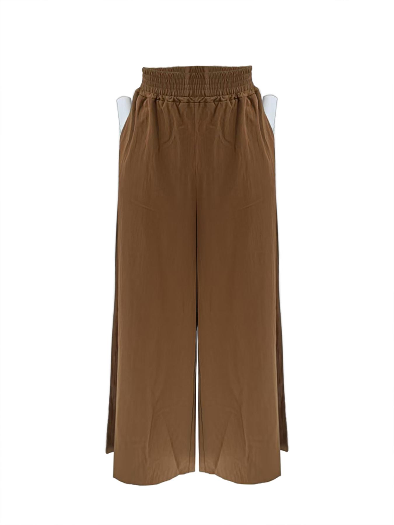 Women's High-Waisted Wide-Leg Pants, Casual Beach Pants, Loose-Fit Elastic Waist Long Trousers, Fashionable All-Season Woven Fabric Casual Wear