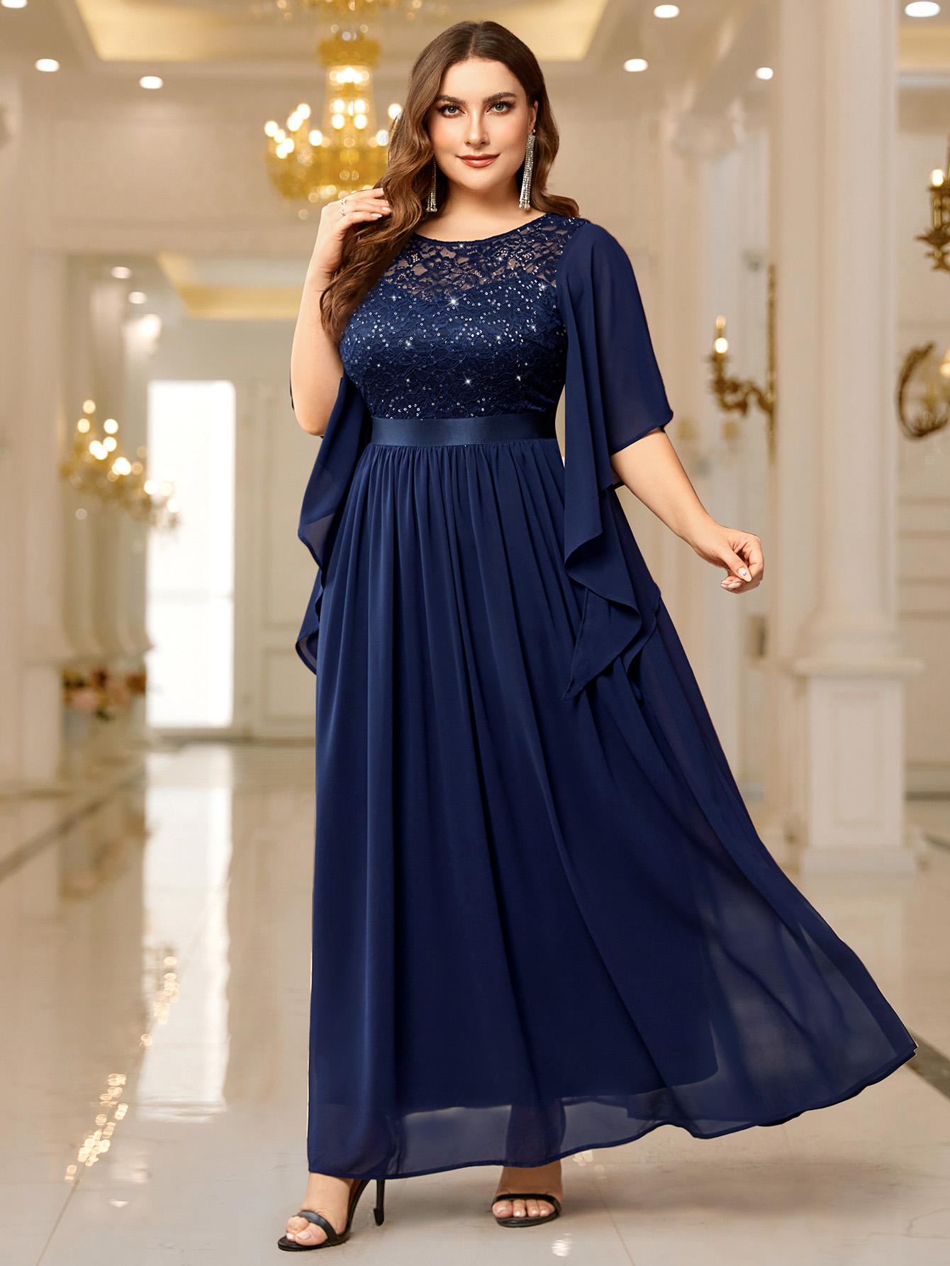 Miusol P83099 Plus Size Women's Sequin Floral Lace Chiffon Flare Sleeve Formal Dress Elegant Evening Gown All Seasons Party dress,Evening dress Normal Type  Womenswear Maxi Dress SpringStatements