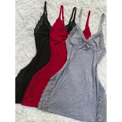 Women's Solid Knitting V-Neck Lacy Sleeveless Night Gown - Lace Panels, Side Slit Skirt, Comfortable Fabric Seductive Nightdress for Sleepwear & Loungewear