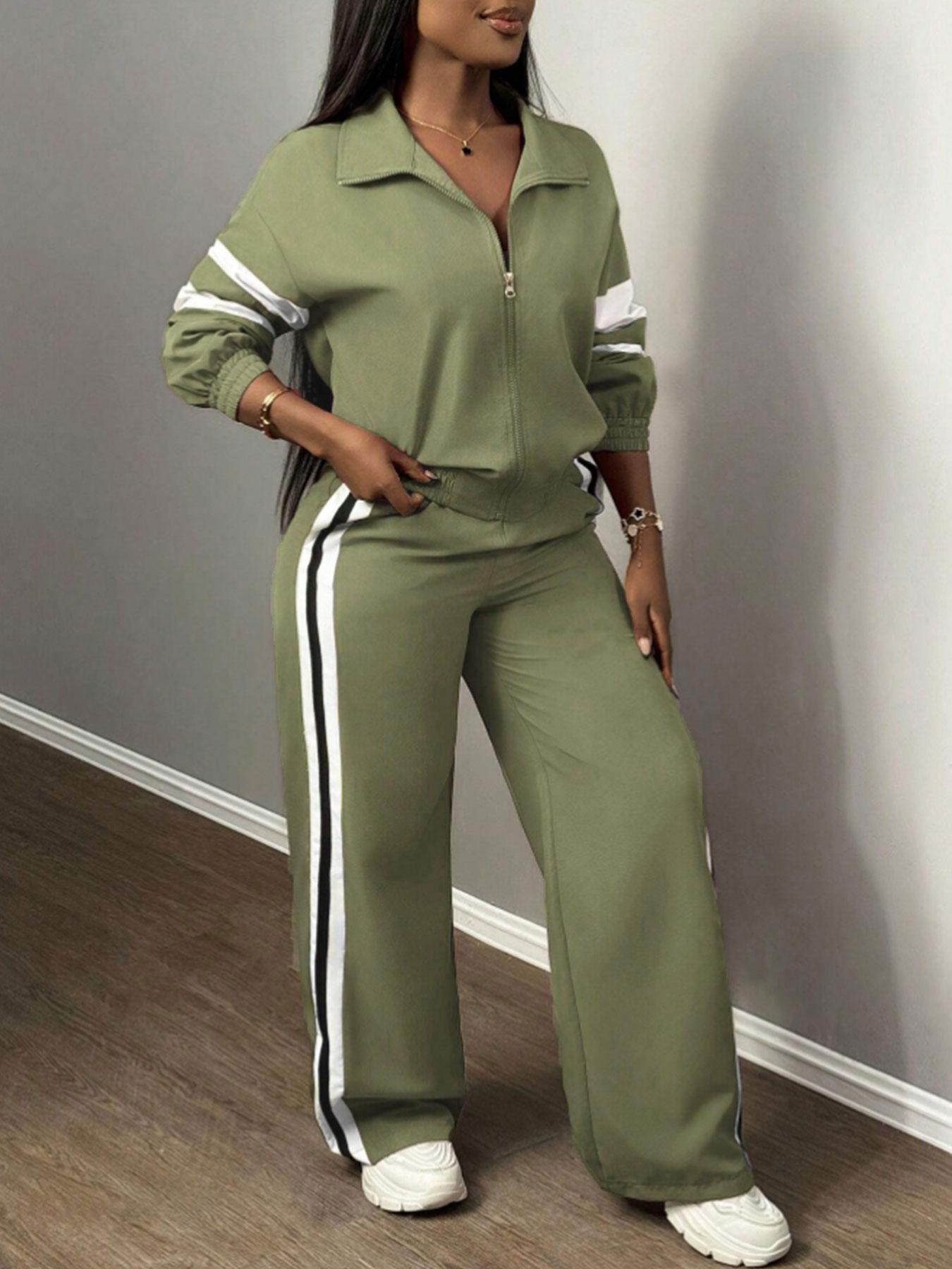 Women's Zipper Jacket & Striped Wide-Leg Pants Set, Fitted Streetwear & Casual, Two-Piece Suit for Daily Wear, Airport Outfit