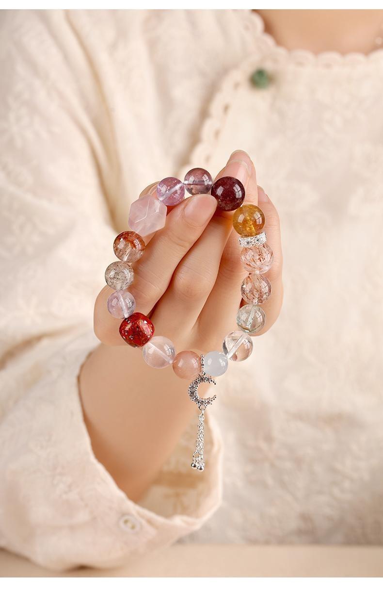 [Multi Treasure Crystal] crystal bracelet, black gold super seven green phantom white crystal blue chalcedony sunstone rose quartz amethyst, unisex, daily wear gift, 10mm beads natural stone, all round good luck symbol