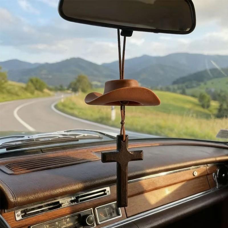 1pc Cowboy Hat with Cross Car Hanging Ornament, Plastic Mini Hat & Wooden Cross Rearview Mirror Decor, Western Christian Faith Car Interior Decor, Country Auto Pendant Gift for Men Women Truck Drivers