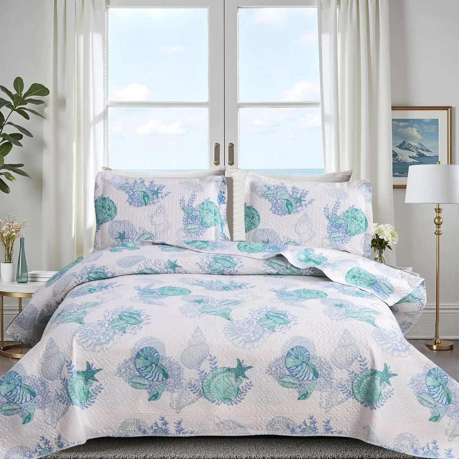 Ocean Quilt Full/Queen Size Coastal Bedding Lightweight Summer Beach Theme Bedspread Nautical Coverlet Blue Seashell Conch Bed Sheet with 2 Pillowshams (Green,Full/Queen)