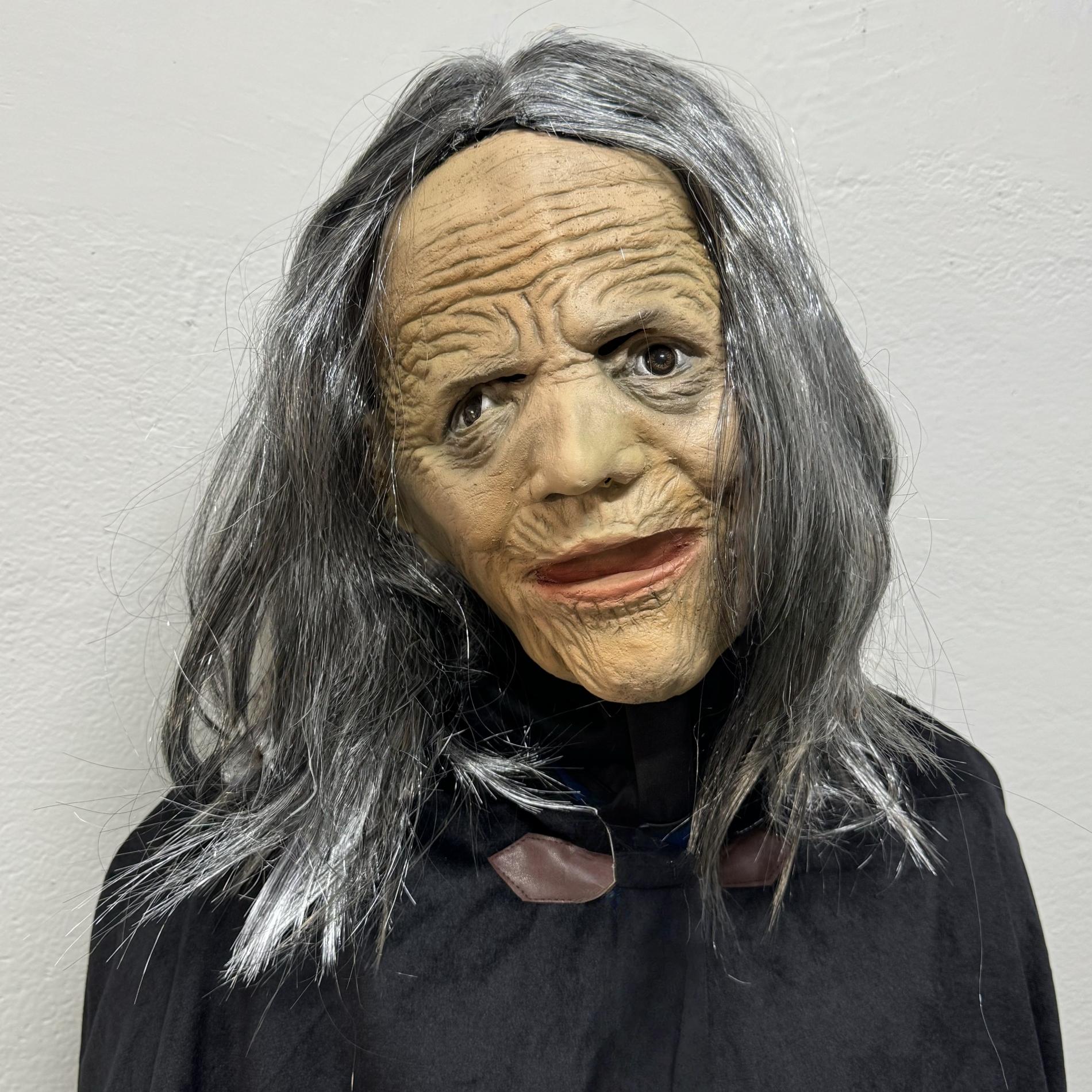 Scary Old Witch Latex Mask – Creepy Grandma Costume With Black Eyes And Grey Hair For Halloween Horror Cosplay Party Adults Masquerade Prop