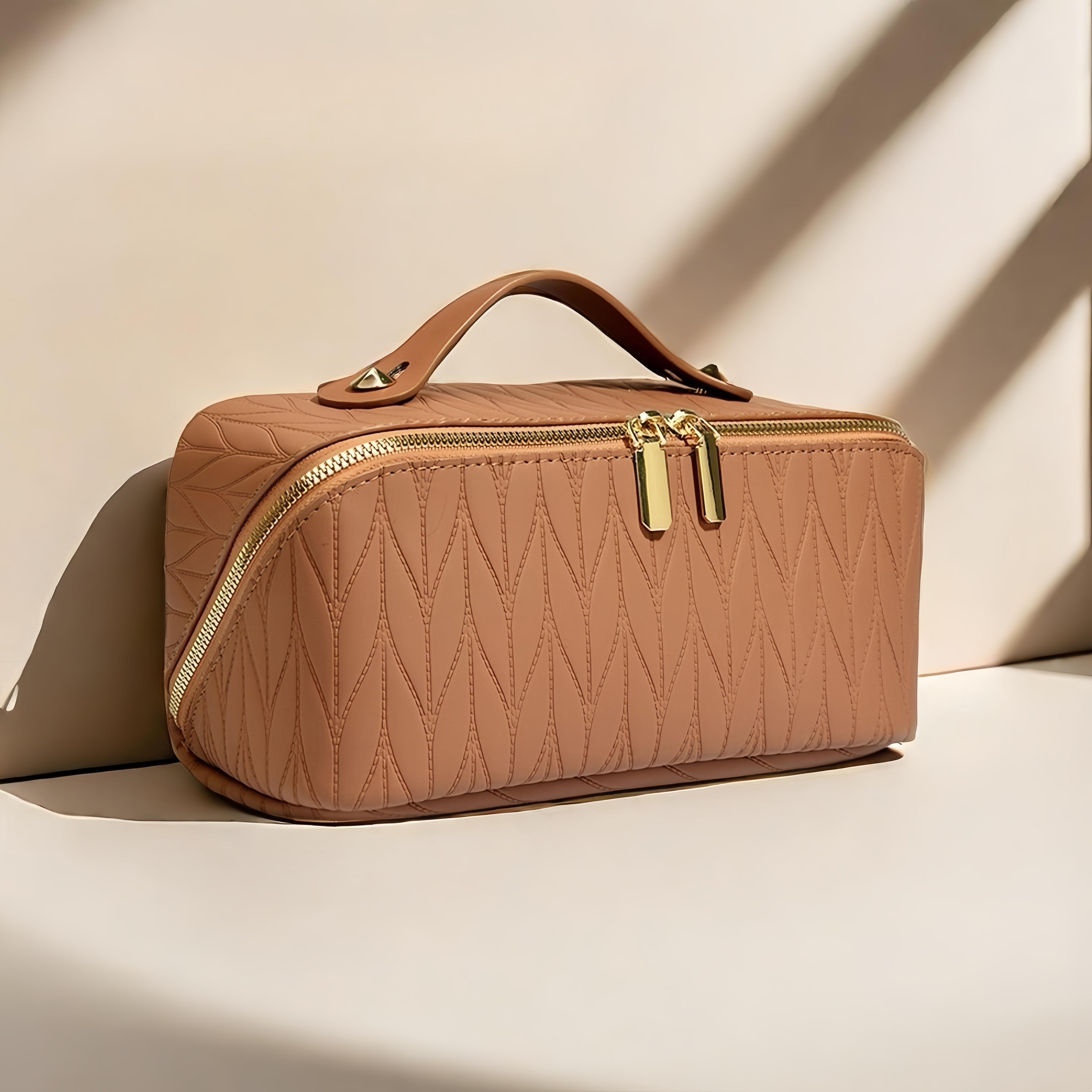 Large Capacity PU Cosmetic Salon-Grade Organizer Bag for Travel Waterproof Valentine's Day Gift Vegan Leather Makeup Pouch Portable Toiletry Bag for Women Makeup Case Jewelry Organizer Box Handheld Cosmetic Pouch Girlfriend Present Minimalist