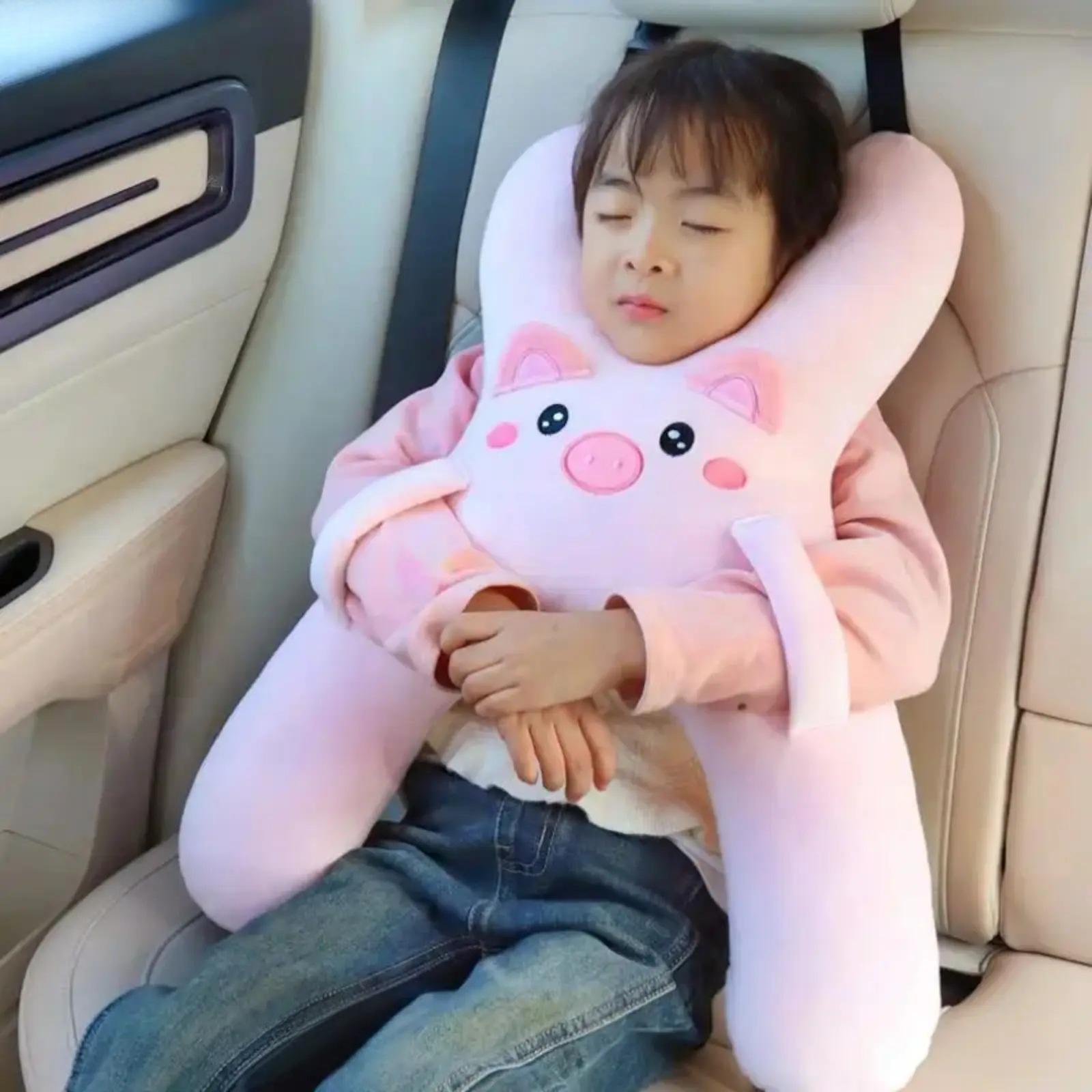 Playful Pig Face Plush Car Neck Pillow - Travel Accessories with Neck Support, Ultra-Soft Character Head Rest Cushion, Seat Belt Support, Anti-Head Leaning Sleep Aid, Camping Trip Cozy Car Accessory