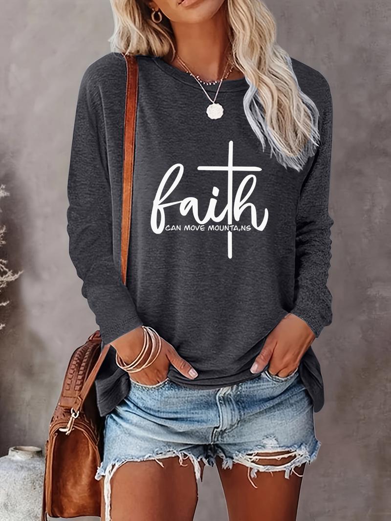 Women's Letter Print Round Neck Tee, Casual Long Sleeve T-shirt, Women's Spring & Fall Top for Daily Wear