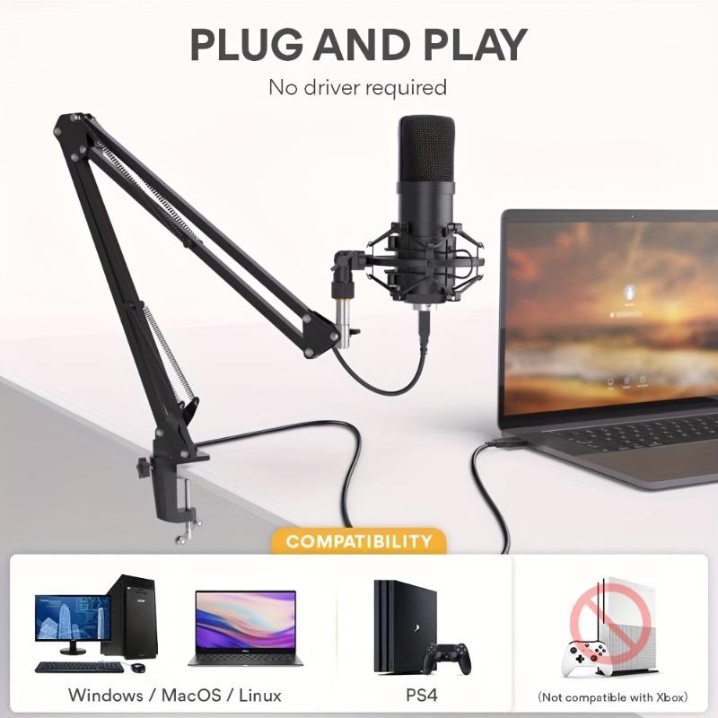 Professional USB Condenser Microphone Set with Arm Stand and Pop Filter, Clear Voice for Podcasts, Recording, Live Streaming