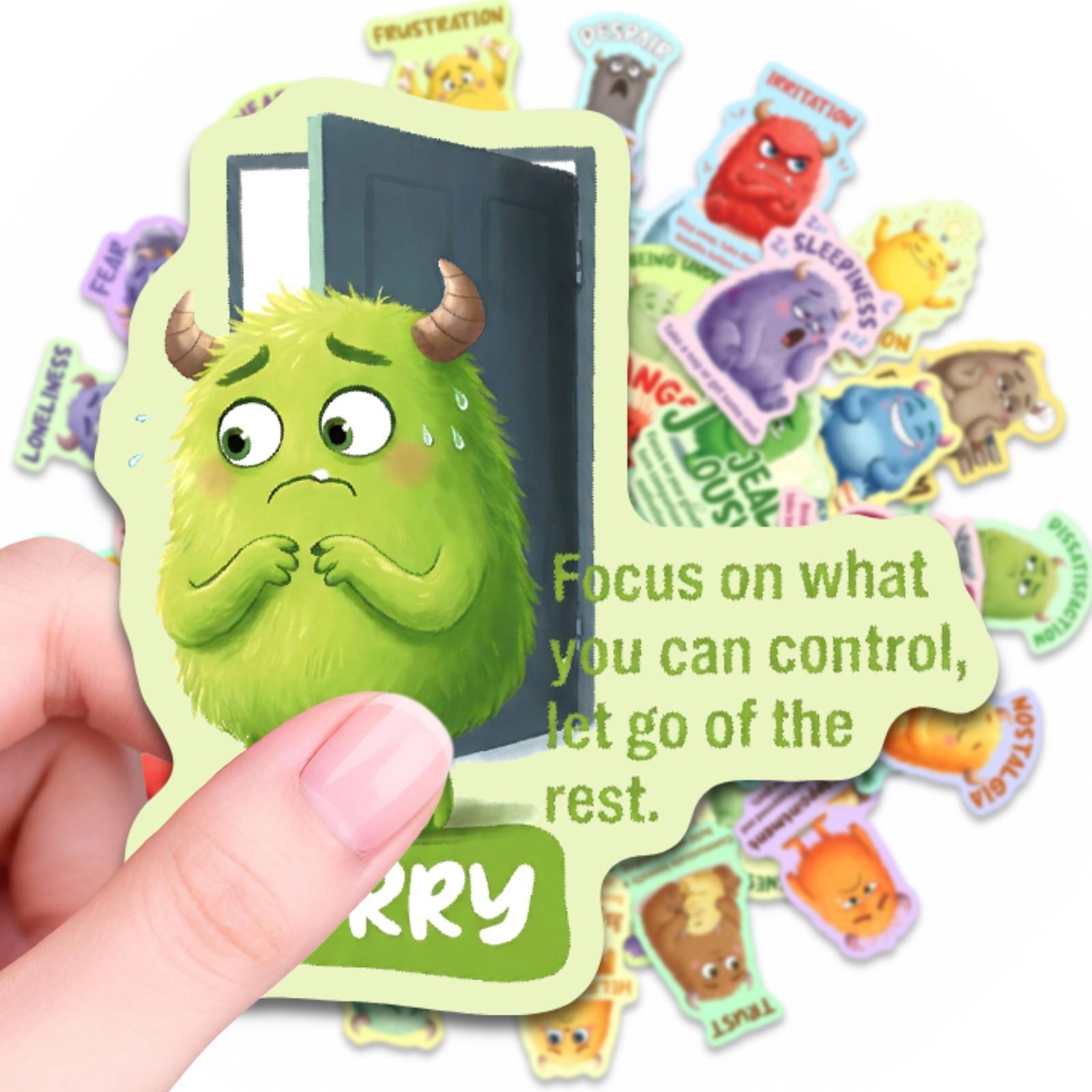 50 Sheets Emotion Recognition Monster Stickers, Mental Health Education Text Stickers, Waterproof DIY Scrapbook Material