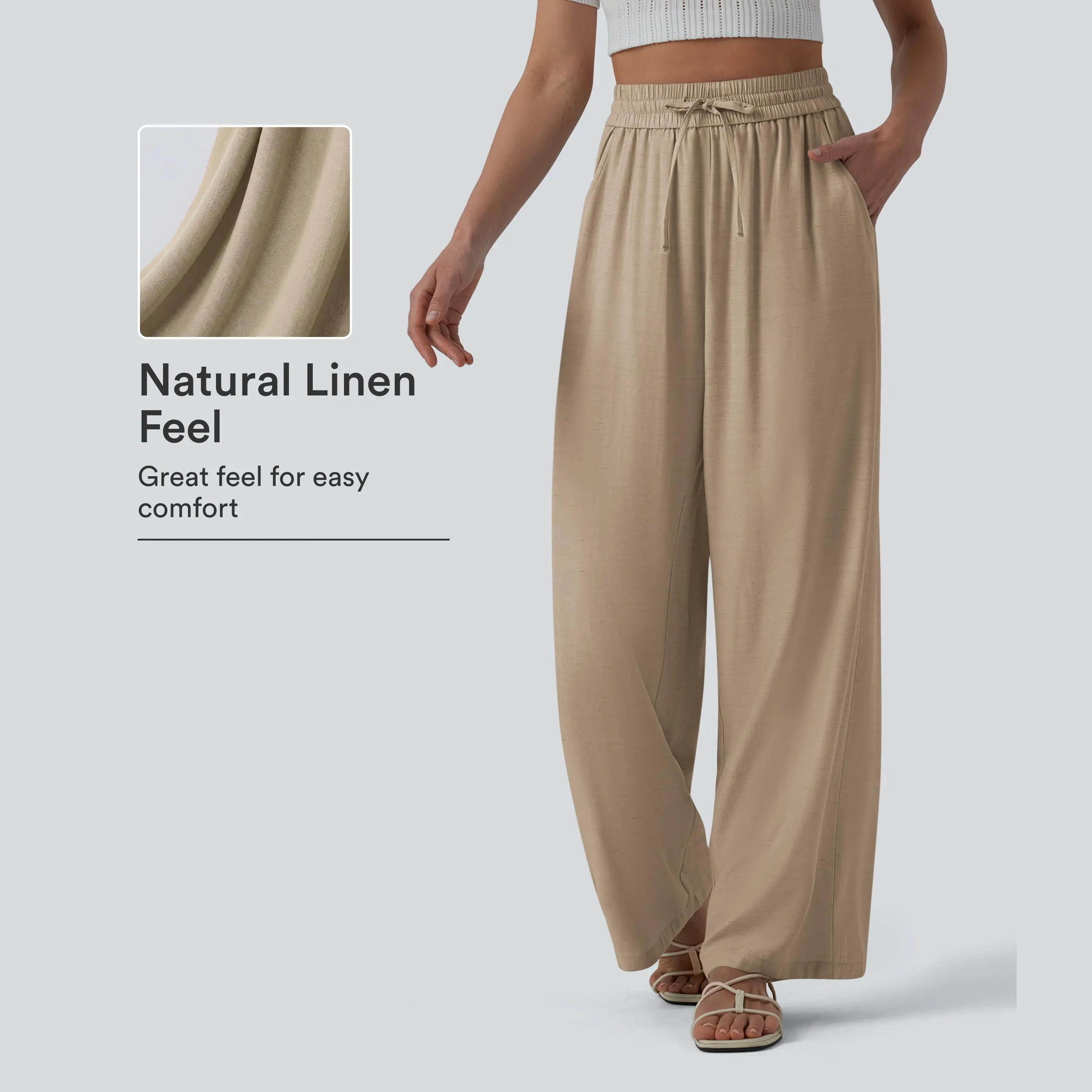 【Creator&rsquo;s Pick】Halara High Waisted Drawstring Wide Leg Casual Linen-Blend Pants with Pockets