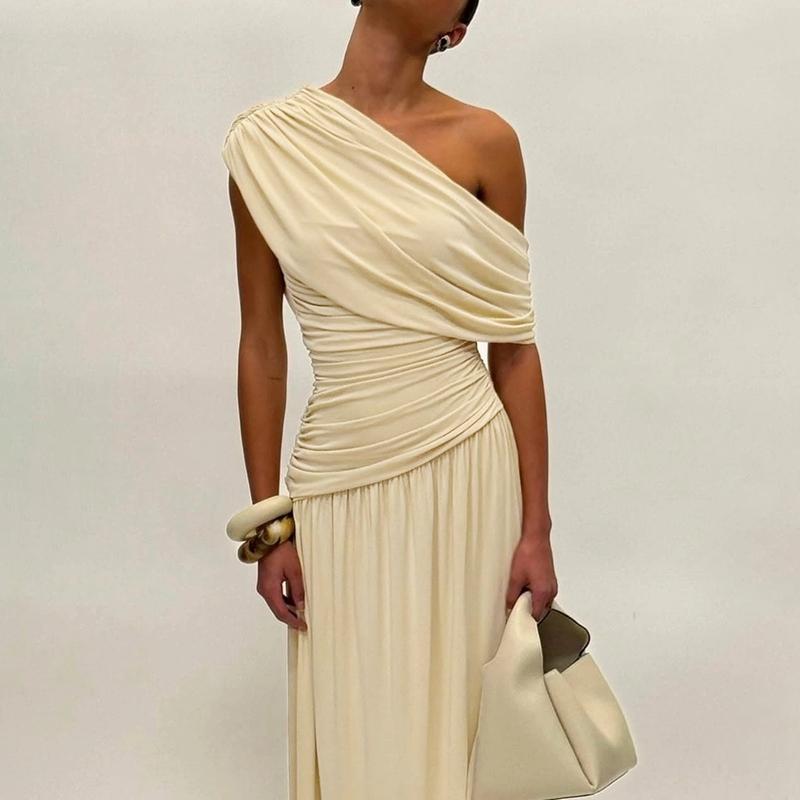 Women's Elegant Solid Irregular Neck Ruched Dress, Sexy One-Shoulder Backless Plain Slim Fit Maxi Dress, Formal Gown for Birthday Party & Date Evening, Summer Ladies Casual Long Dresses for Holiday & Daily Wear Womenswear Women's Elegant Solid Irregular Neck Ruched Dress, Sexy One-Shoulder Backless Plain Slim Fit Maxi Dress, Formal Gown for Birthday Party & Date Evening, Summer Ladies Casual Long Dresses for Holiday & Daily Wear Womenswear