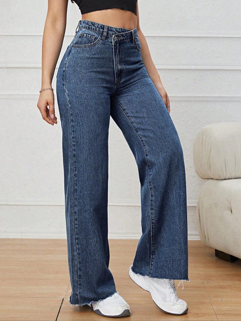 Women's Vintage Denim Jeans, Diagonal Button Design, Ultra-Long Straight Wide Leg, Casual Style, All Seasons Daily Wear
