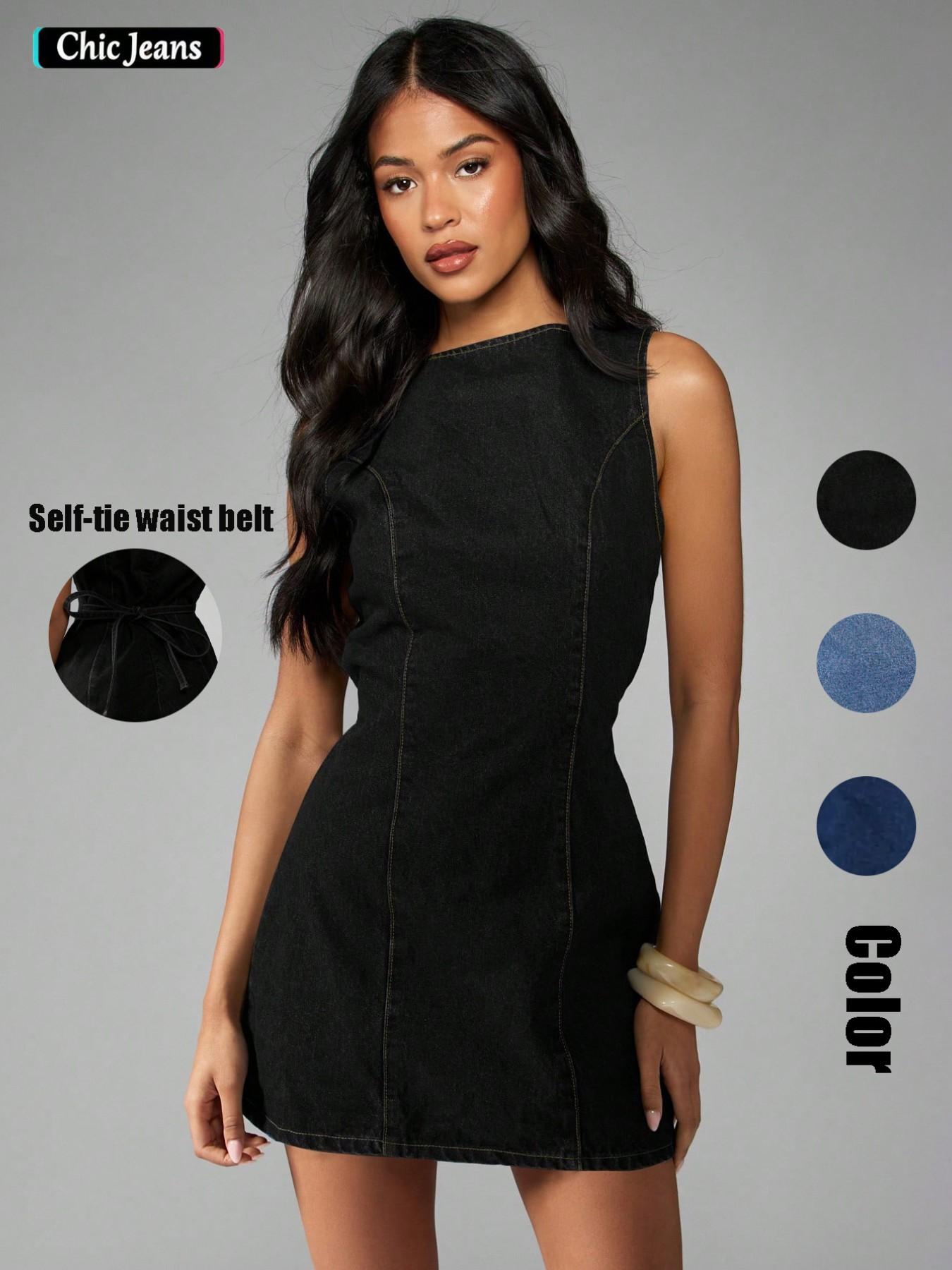 Women's American Retro Vintage Sleeveless Short Dark Wash Denim Summer Dress, A-Line Dress, Flattering Fit, Perfect for Daily Commute, Dates, Parties and Vacations