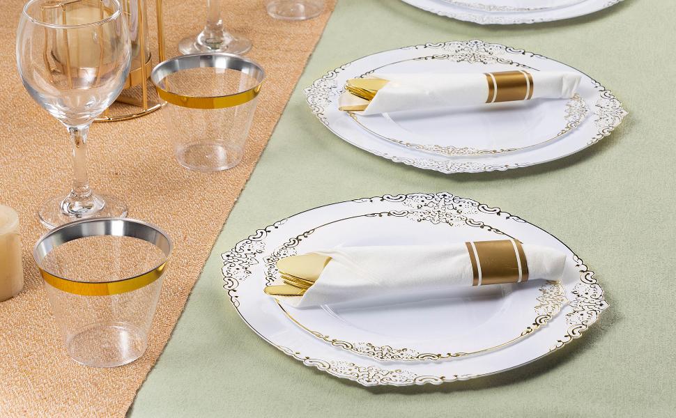 100 Pack Heavyweight Gold Plastic Silverware Set 300 Cutlery & 100 Pre-Rolled Napkins for Wedding Party Christmas Anniversary Decorations Supplies - Disposable Plates