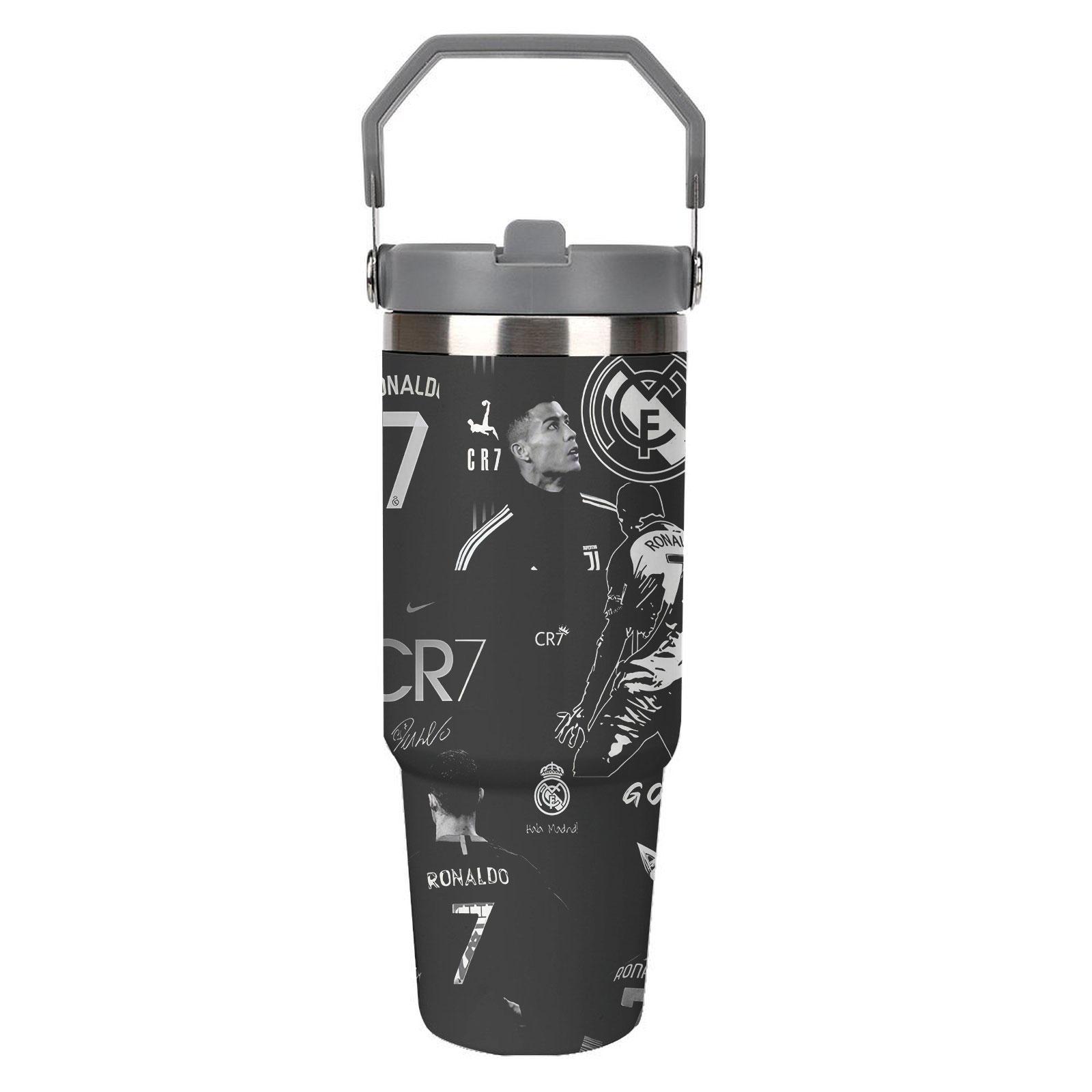 1pc 30oz Stainless Steel Insulated Water Bottle with Straw, Stainless Steel Tumbler, Cristiano Ronaldo theme, Heat Preservation Travel Mug for Car, Essential Drinkware for Drive & Outdoor Activities, Perfect Holiday Gift,Suitble For Outdoor Camping