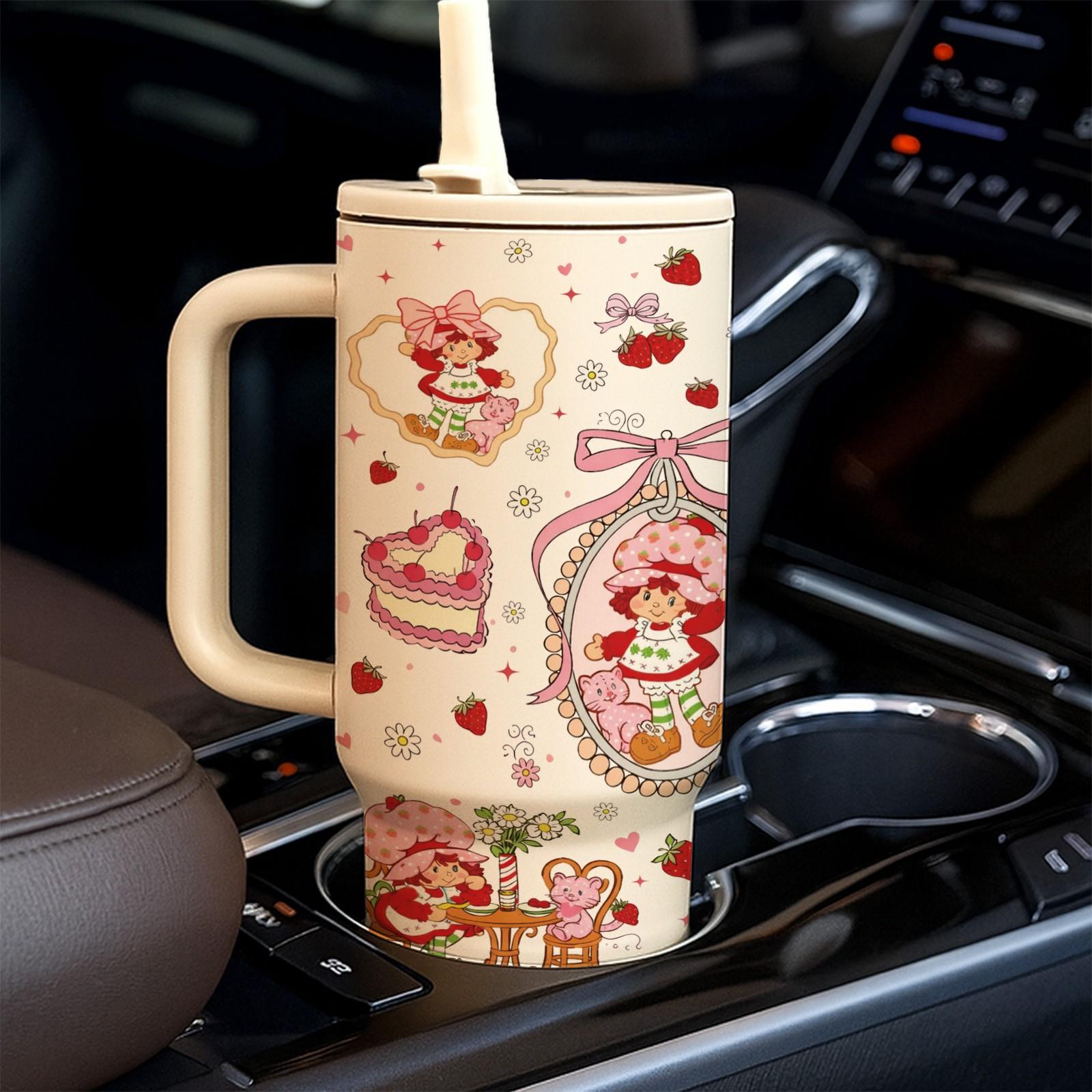 40oz Strawberry Girl Insulated Car Tumbler, Cute Aesthetic Pink Cup with Handle and Straw, Double Wall Stainless Steel Drinkware Vacuum Mug for Hot Cold Drinks, Perfect Valentine’s Day Birthday Gift for Girlfriend Women Girls