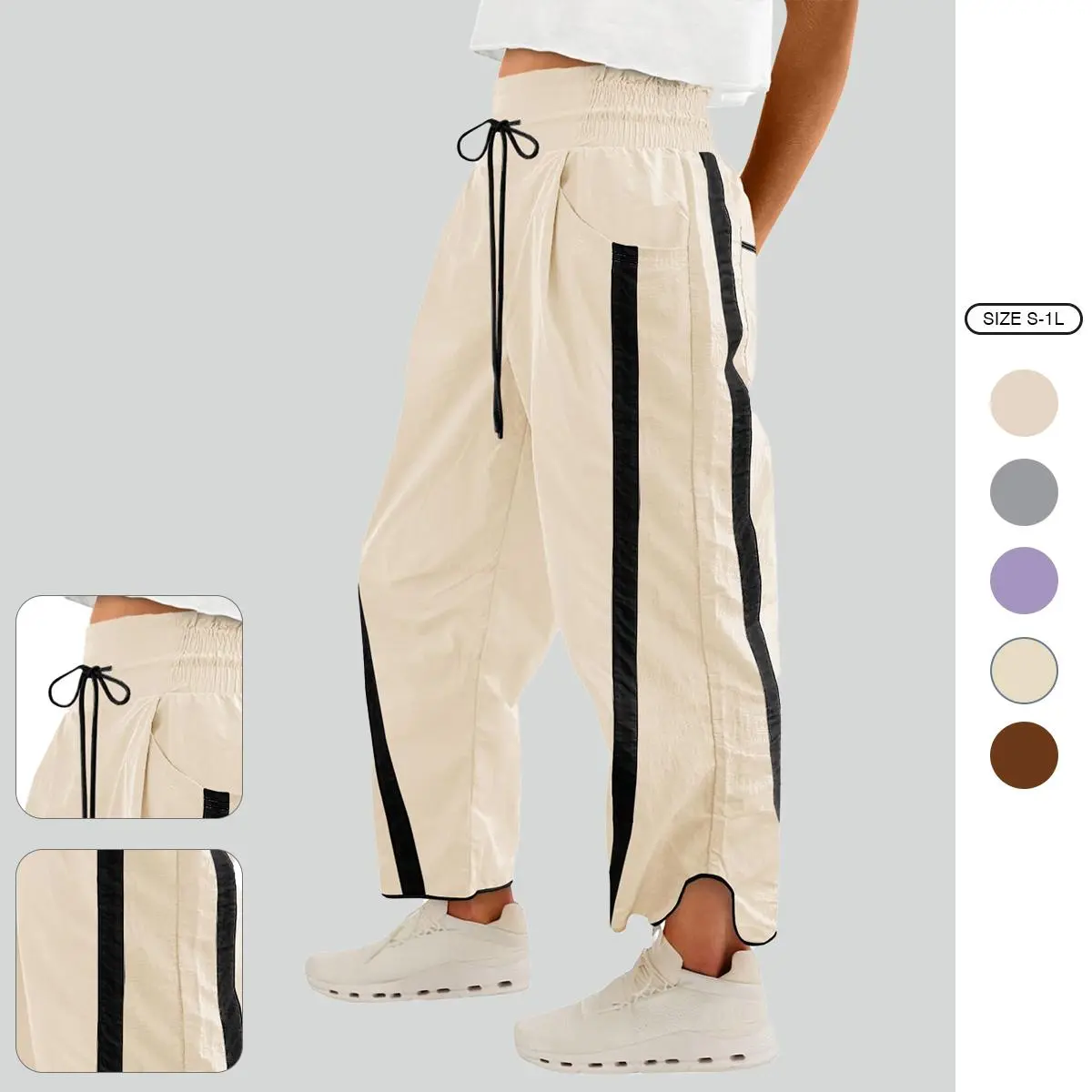 Women's Baggy Wide Leg High Rise Elastic Waist Workout Parachute Pants Beige Wideleg Casual Drawstring Y2K Track Bottom