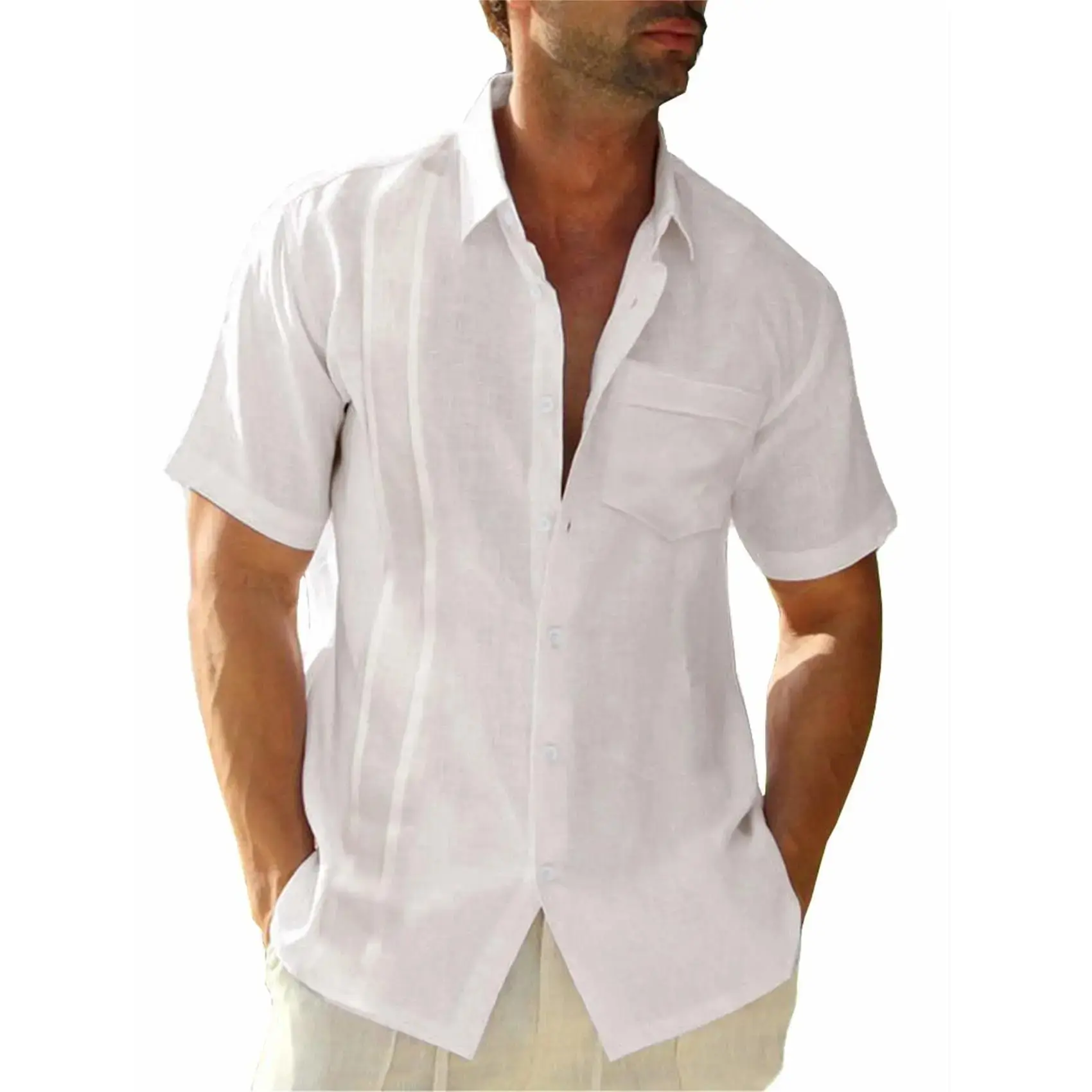 Mens Short Sleeve Cuban Camp Guayabera Shirt Linen Cotton Hippie Beach Button Down Shirts Vintage Tops Summer Clothes