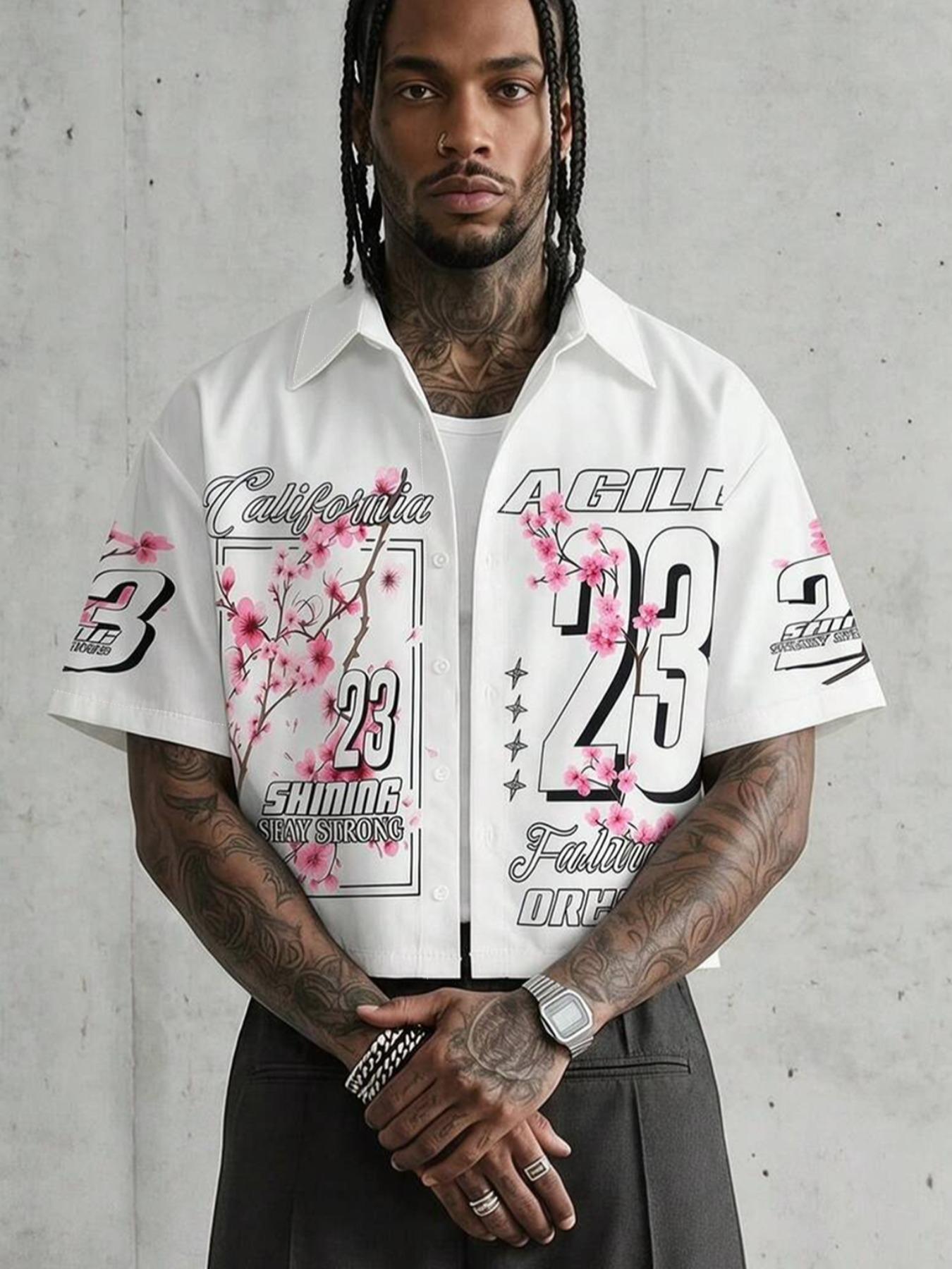 Men's White Lapel Short Sleeve Button Shirt, Casual Collared Shirt, California 23 Pink Cherry Blossom Slogan Star Letter Graphic Print, Loose Oversized Fit, Light Wrinkle Resistant Woven Fabric, Y2K Floral Hip Hop Casual Top