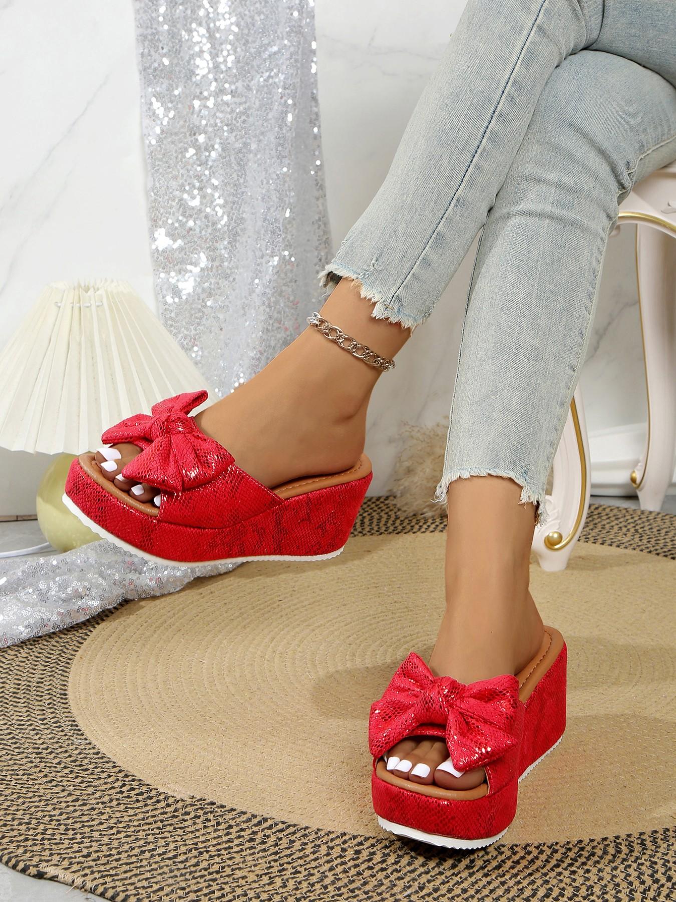 Women's Fashion //burgundy Bow Thick Sole Wedge Sandals, Summer Outdoor Y2K Style, Lightweight Comfortable Footwear