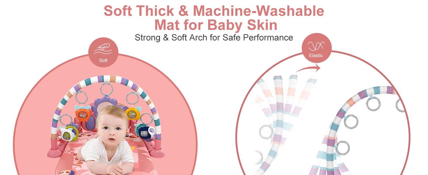Baby Play Mat Baby Gym with 5 Infant Sensory Toys, Music, Lights & Piano for Newborns 0 to 3 Months (Pink) Entertained