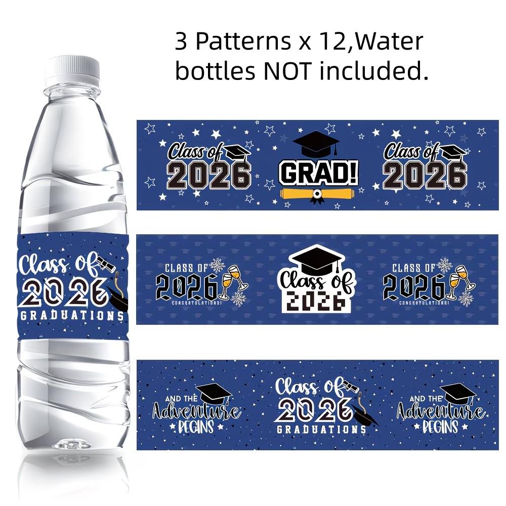 36Pcs Blue Class of 2026 Stickers, 3 Patterns x 12, Graduation Water Bottle Labels with Caps & Diplomas, Perfect for 2026 Graduation Ceremony Decor & Party Favors.