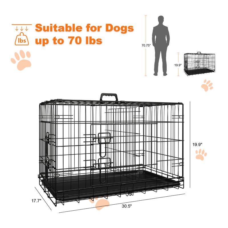 【TikTokShopfalldealsforyou】Foldable Metal Dog Crate with Divider and Leak-Proof Tray, Double Door Wire Kennel for Medium to Large Dogs, Indoor Outdoor Travel Use, 30/36/42/48 Inch