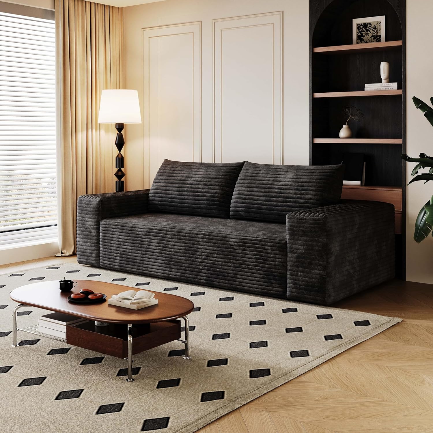 71" Corduroy 3-Seater Sofa, Deep Seat Couch with Pillow, 600 lbs Capacity, No Assembly Required, for Living Room, Apartment, Bedroom (Black)