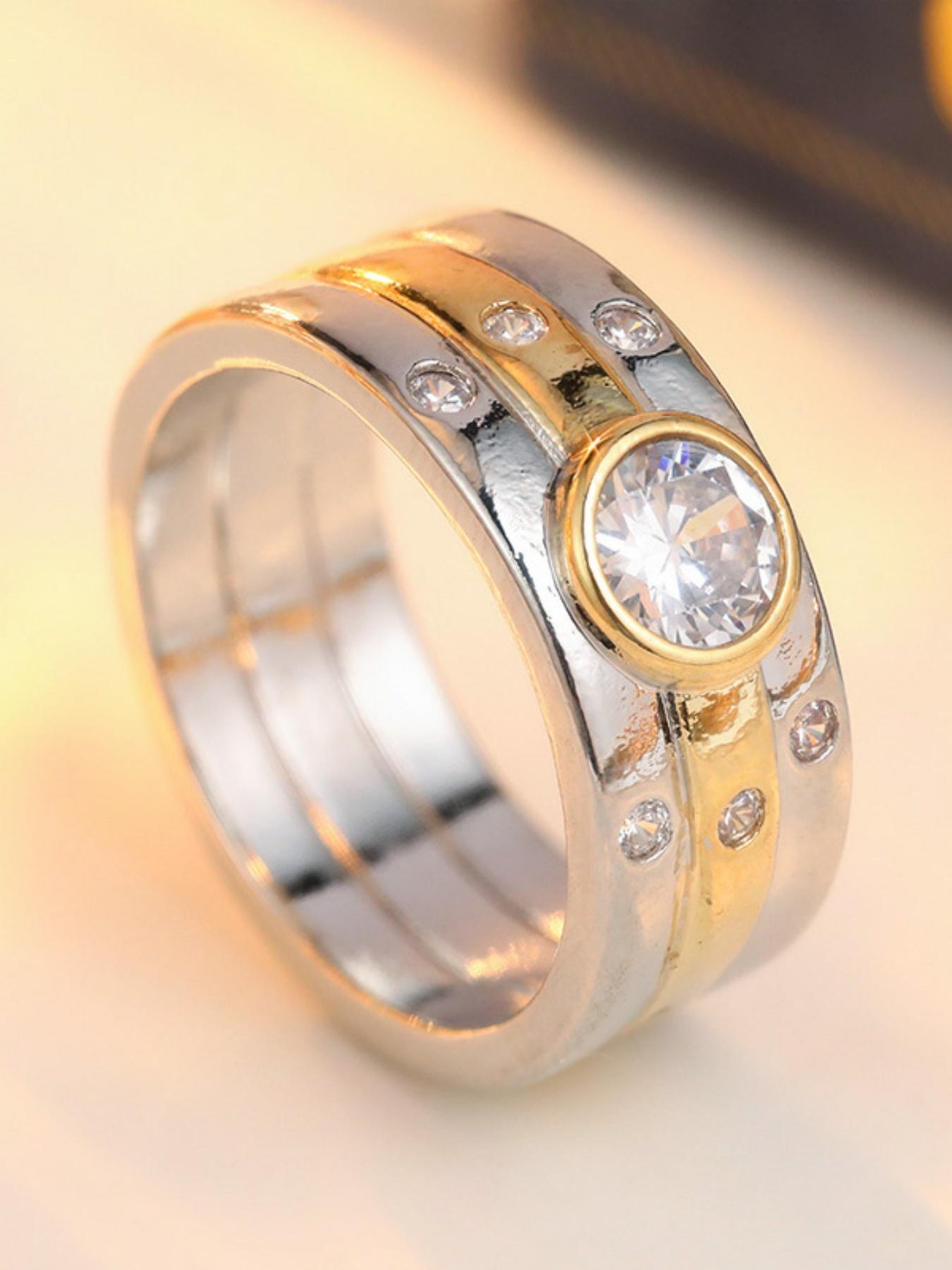 Two Tone Splicing Wide Face Ring with Circular Synthetic Zircon Inlay for Couples, Commemorative Day Gift Ring