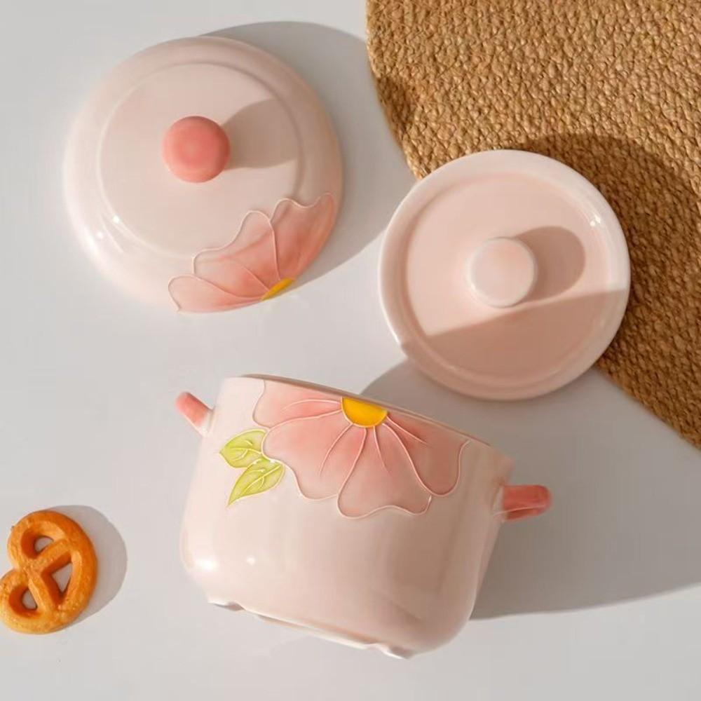 Cherry Blossom Pattern Ceramic Covered Steamer Pot, Food Steamer, 600ML Capacity, Elegant Dual Lid Soup Bowl, Ideal Gift for Kitchen and Restaurants