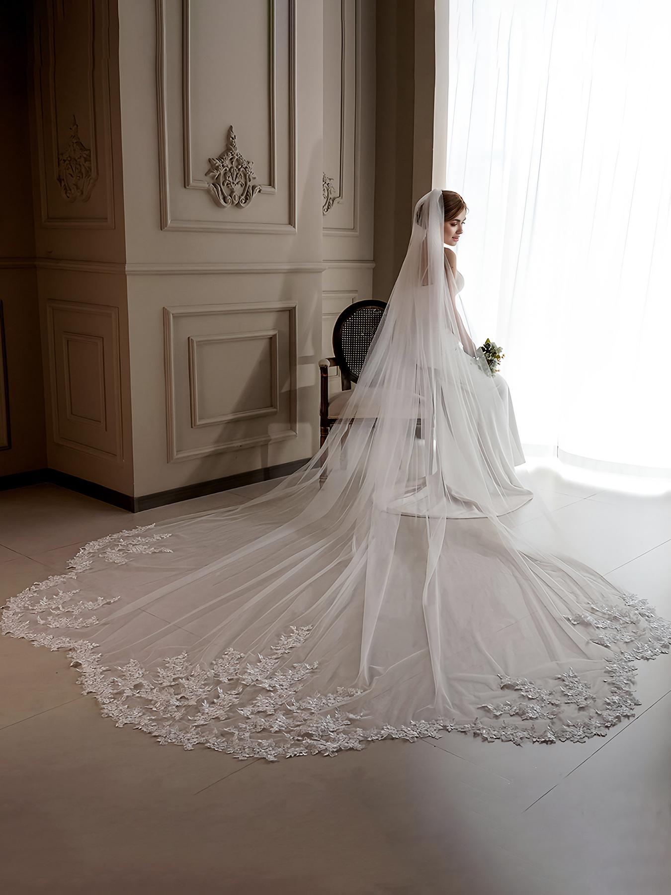 Bridal Cathedral Veil in Delicate White Lace with Oversized Train and Romantic Wavy Edges Wedding Photo Essential Trailing Veil