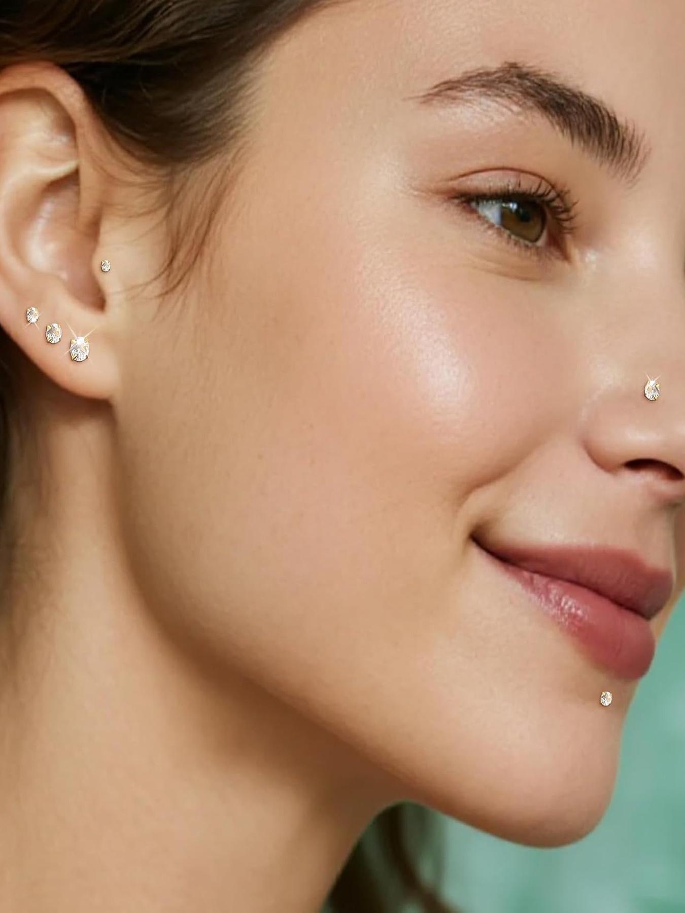 Hypoallergenic 18g Flat Back Stud Earrings Set, Body Jewelry, Surgical Steel Internal Thread Design for Tragus Helix Cartilage Conch Nose Piercings