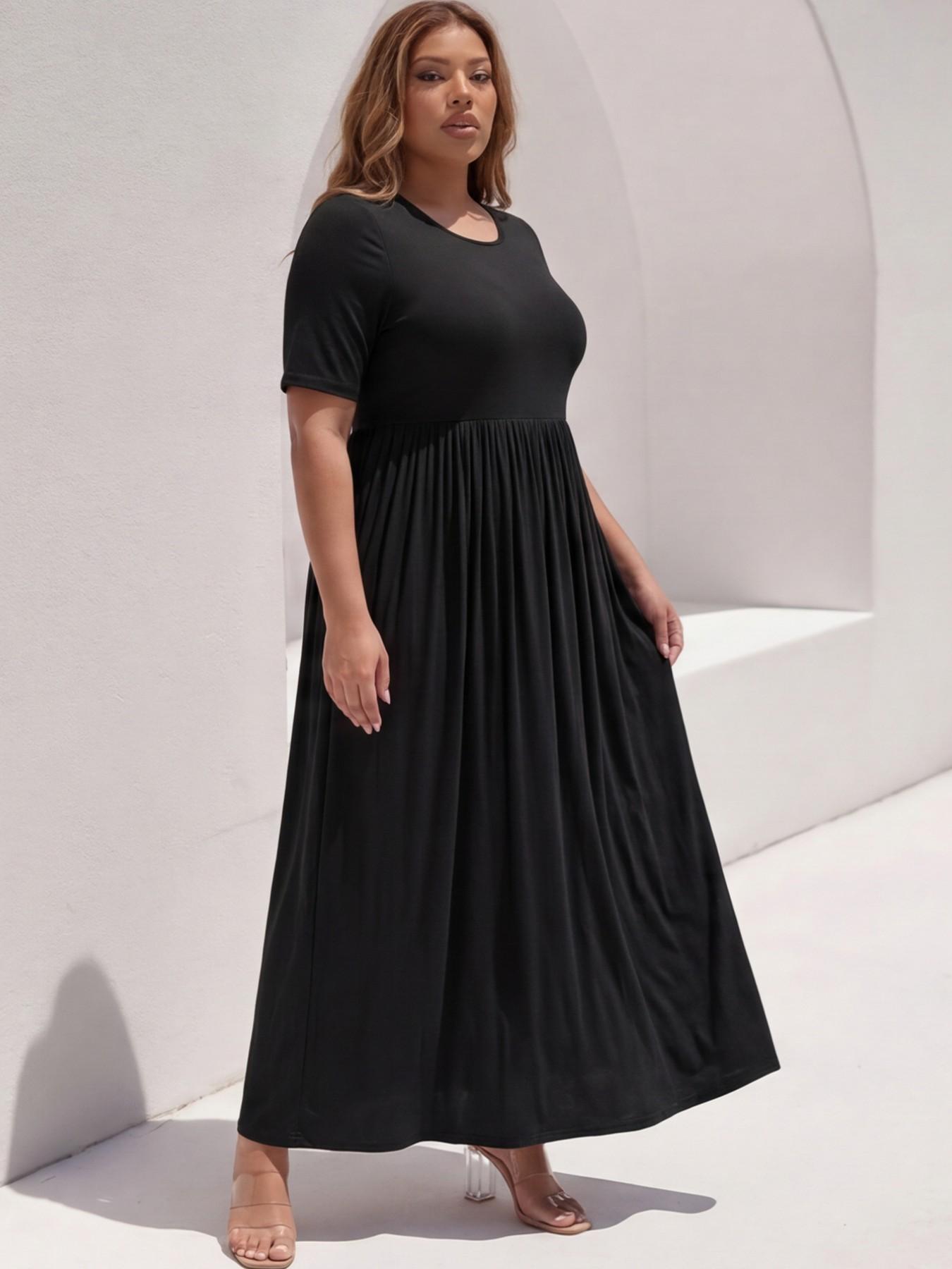 Plus Size Solid Black Maxi Dress | Short Sleeve High Waist Pleated Loose Casual Long Dresses