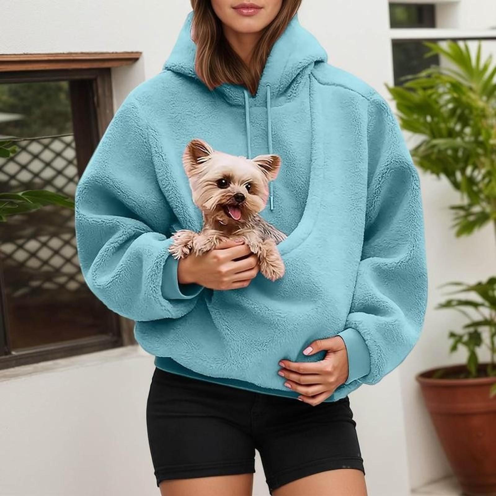 Pet Pouch Hoodie Winter Thick Waterproof Fleece Jacket for Small Cats and Dogs with Front Carry Pouch for Outdoor Use Normal Type