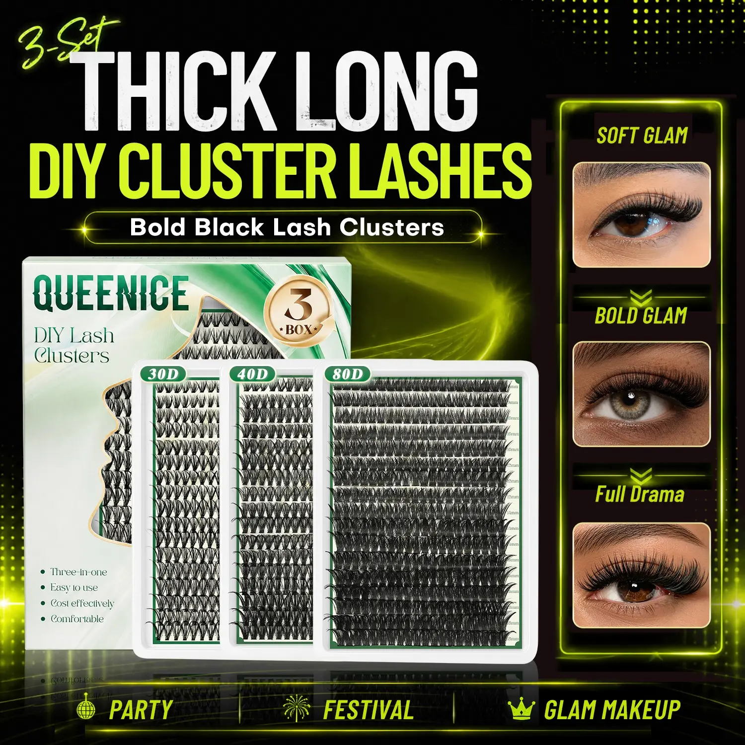 3 Styles Eyelash Lashes Ultra-Thin Band, Wispy Volume Soft Comfortable, 30D 40D 80D Individual Lash, Easy to Apply Makeup, Women Gift, Wispy Lashes Kit