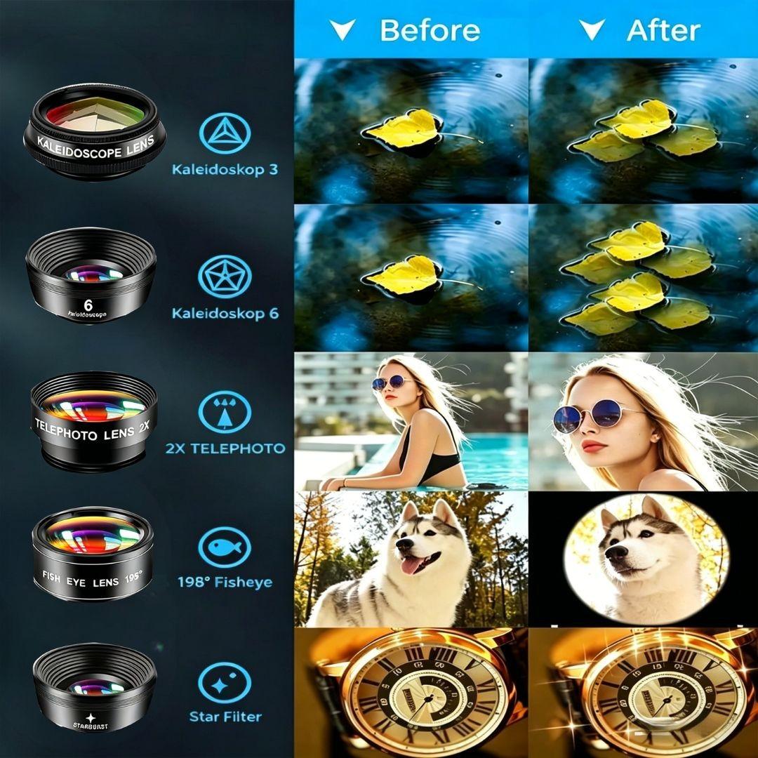 Phone Camera Lens-Macro Lens+Wide Lens+Fisheye Lens+Telephoto Lens+CPL/Flow/Radial/Star Filter+Kaleidoscope 3/6 Lens 10 in 1 Lens Kit, Lens Attachments, Smartphone Camera Accessories, compatible with iPhone, Samsung and most smartphones.
