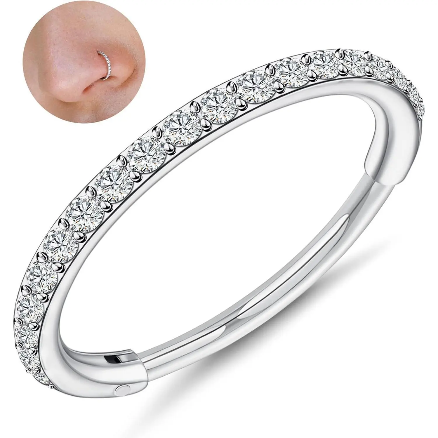 CASSIECA 1-Count G23 Titanium Unisex Nose Ring, 16G/18G/20G Hinged Segment CZ Paved Clicker Rings, 6mm/8mm/10mm for Septum, Cartilage, Daily Wear Sohochic