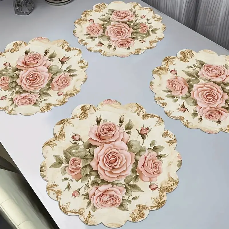 Rose Flowers Outdoor Placemats,Exquisite Placemats Set of 4 Table Mats Wave Round Heat-Resistant Non-Slip for Party Kitchen Dining Decoration