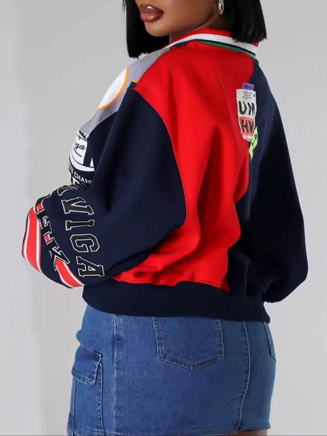 Women's Colorblock Letter Print Drop Shoulder Pullover, Fashion Casual V Neck Long Sleeve Sweatshirt for Daily Outdoor Wear, Women Fall & Winter Clothes