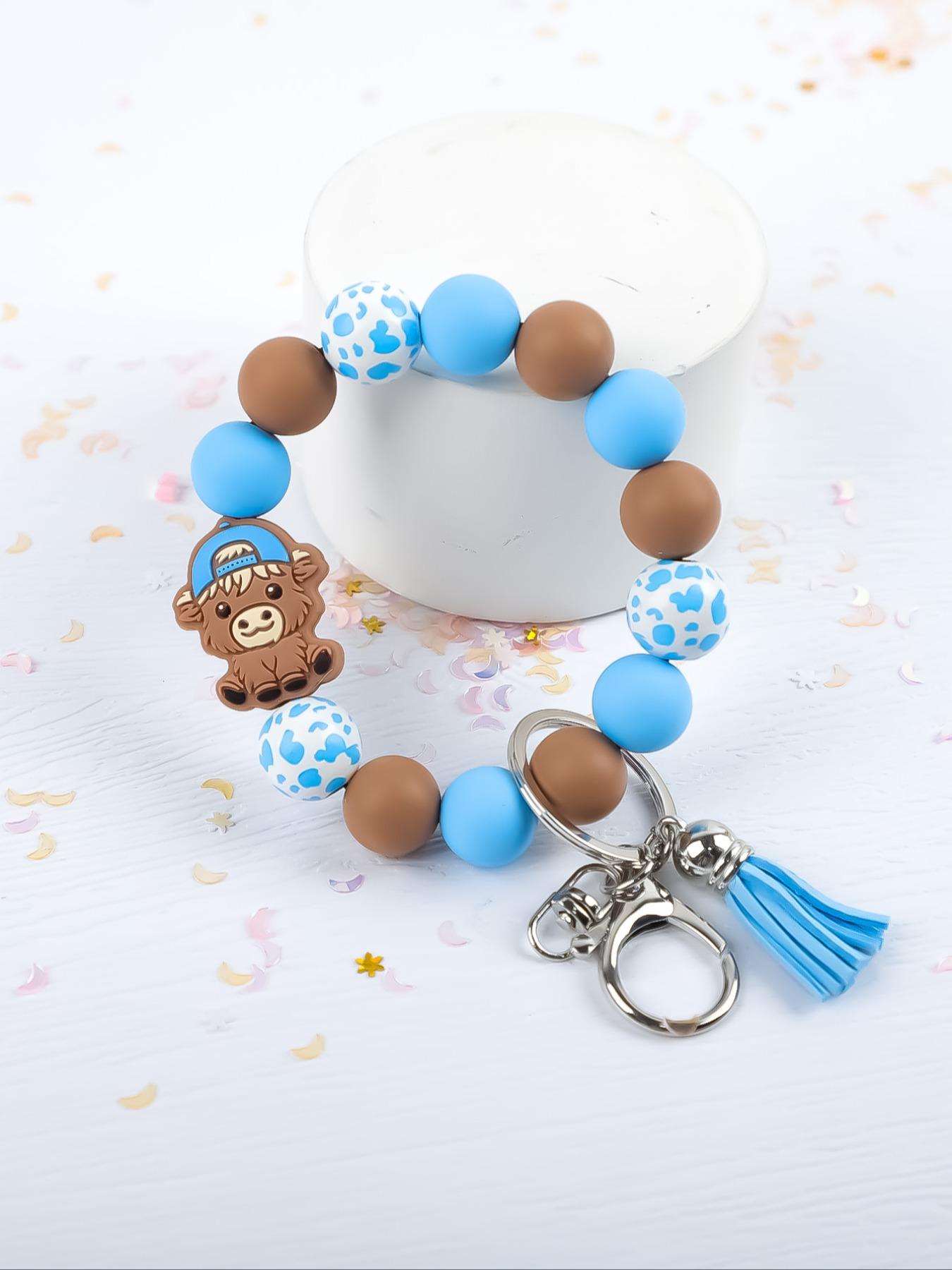 Cute Farm Style Beaded Wrist Keychain, Multiple Colors Available, Spot Pattern Beads with Bow Cow Design, Perfect Gift for Friends & Family