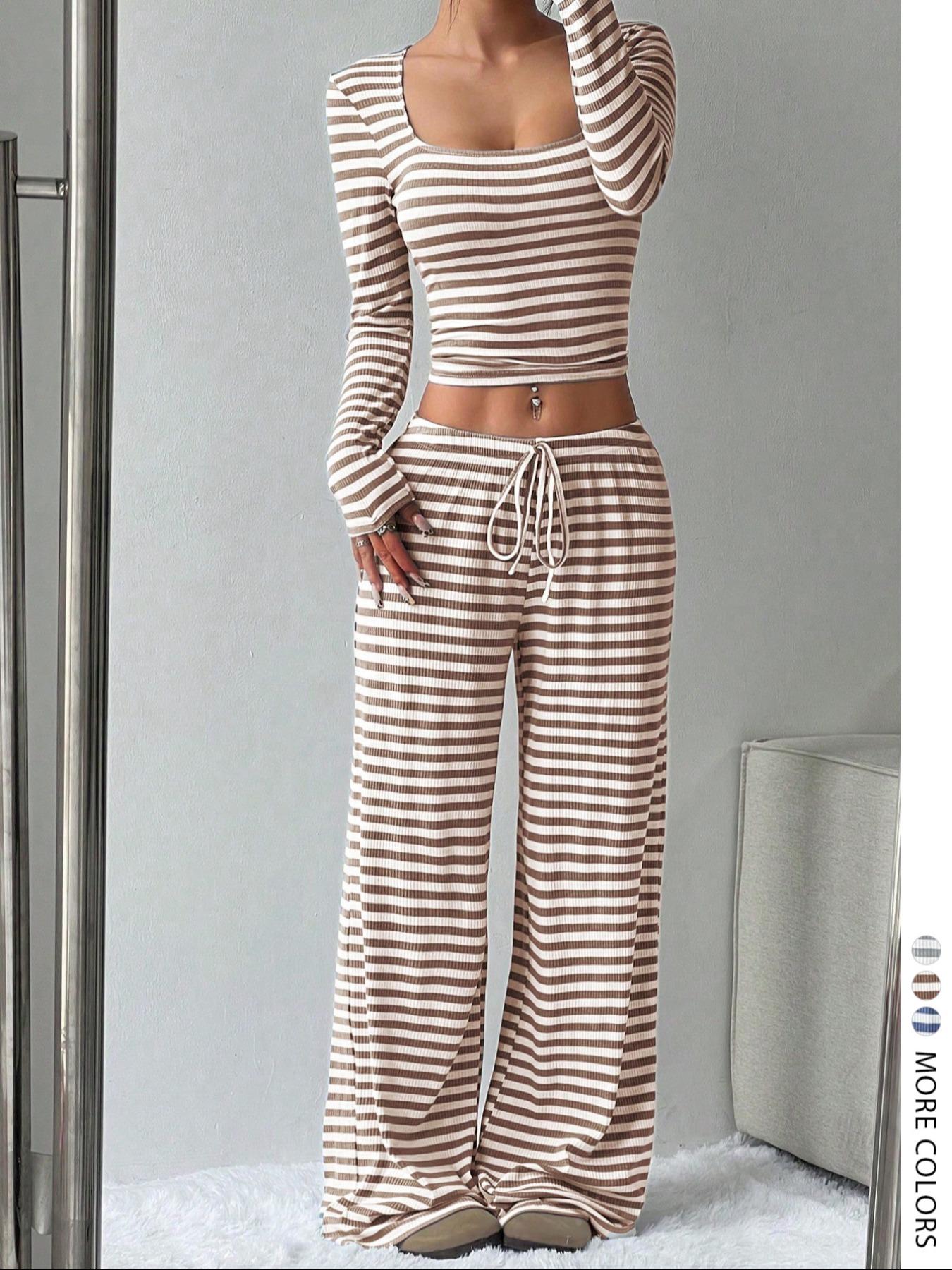 Women's Casual Striped Colorblock U-Neck Crop Pullover Sweater with Waist Rope Decorative Long Pants Two-Piece Set for Daily Wear,Airport Outfit