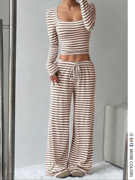 Women's Casual Striped Colorblock U-Neck Pullover Sweater with Waist Rope Decorative Long Pants Two-Piece Set for Daily Wear,Airport Outfit
